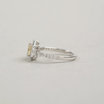 Yellow Radiant Cut Halo Three Stone Engagement Ring