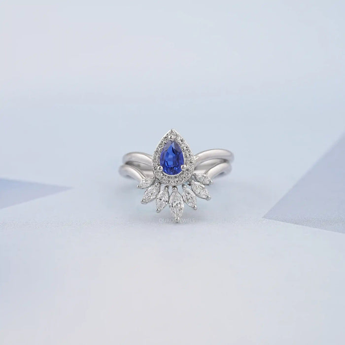 Sapphire Pear Carved Wedding Ring