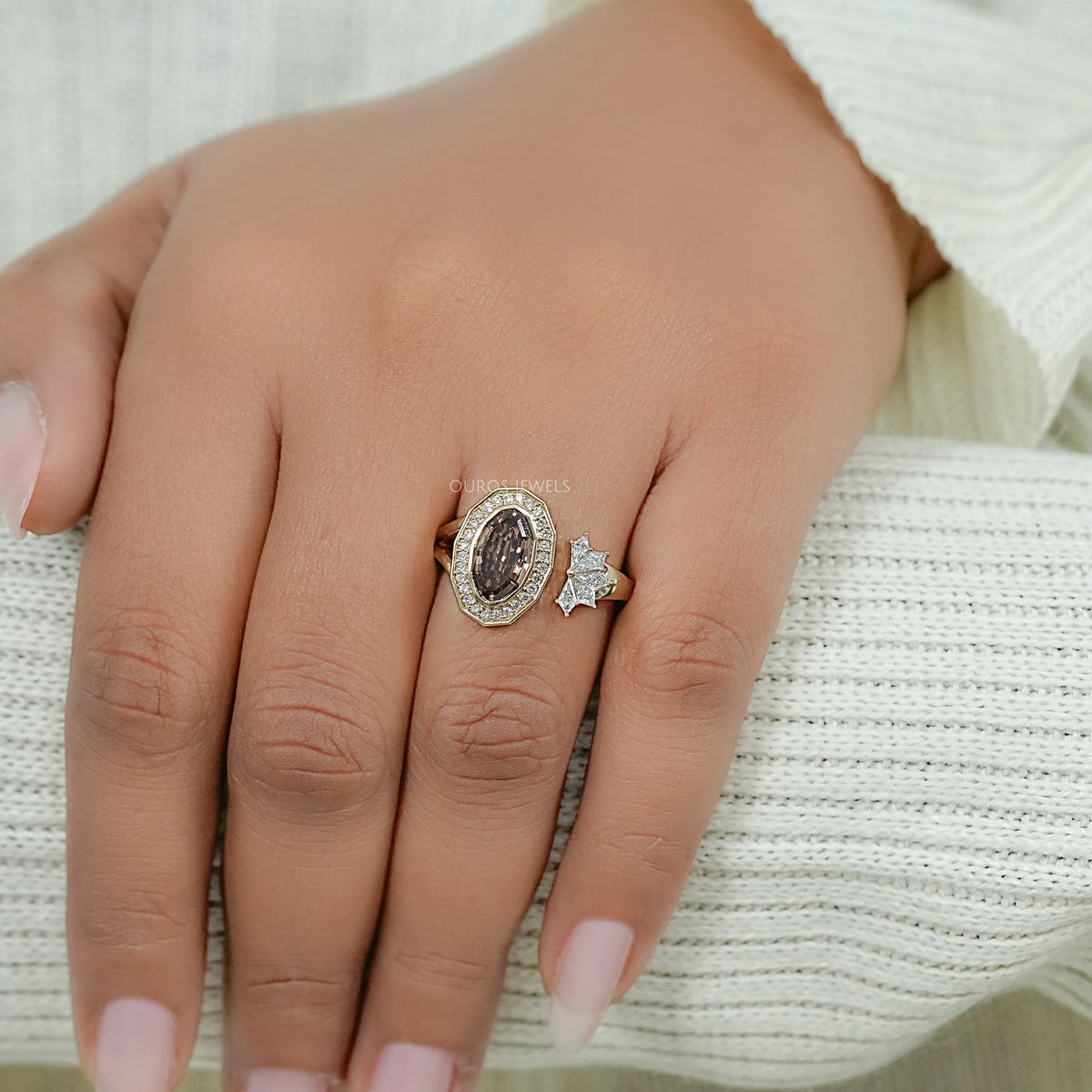Champagne Step Cut Oval Diamond Halo Open Ring Ring