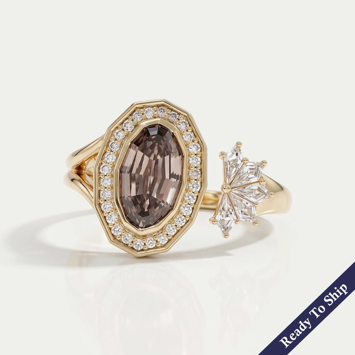 Champagne Step Cut Oval Diamond Halo Open Ring