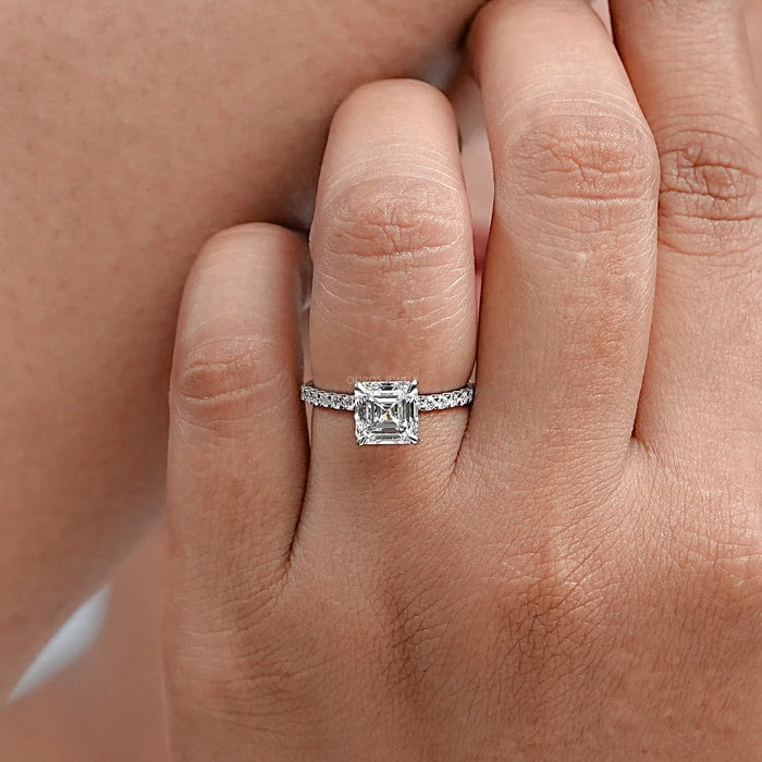 Asscher Cut Solitaire Accent Diamond Engagement Ring