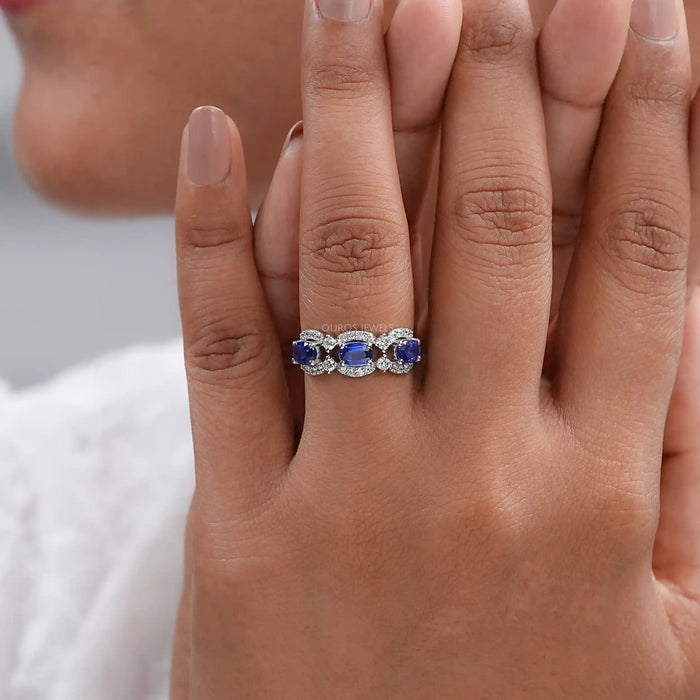 Oval Sapphire Halo Three Stone Engagement Ring