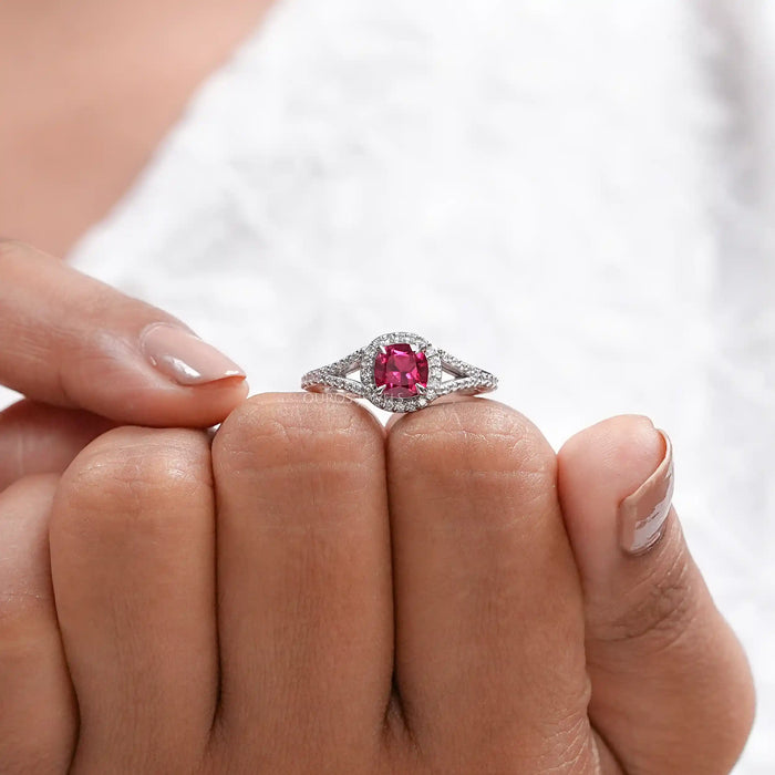 Cushion Cut Red Ruby Split Shank Halo Engagement Ring