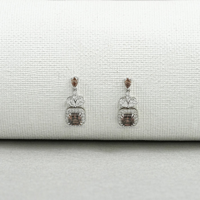 Brown Asscher Cut Halo Diamond Drop Earrings