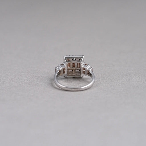 back view of brown baguette diamond cluster square halo engagement ring