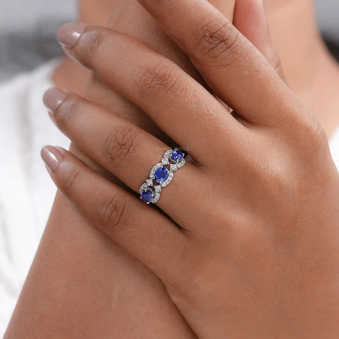 Oval Sapphire Halo Three Stone Engagement Ring