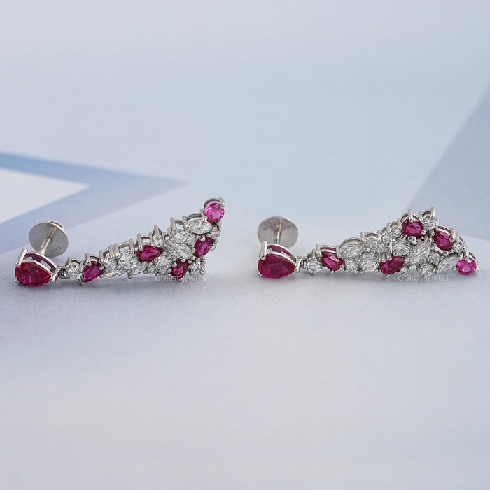 Red Ruby Pear Cut Gemstone Cluster Dangle Earrings