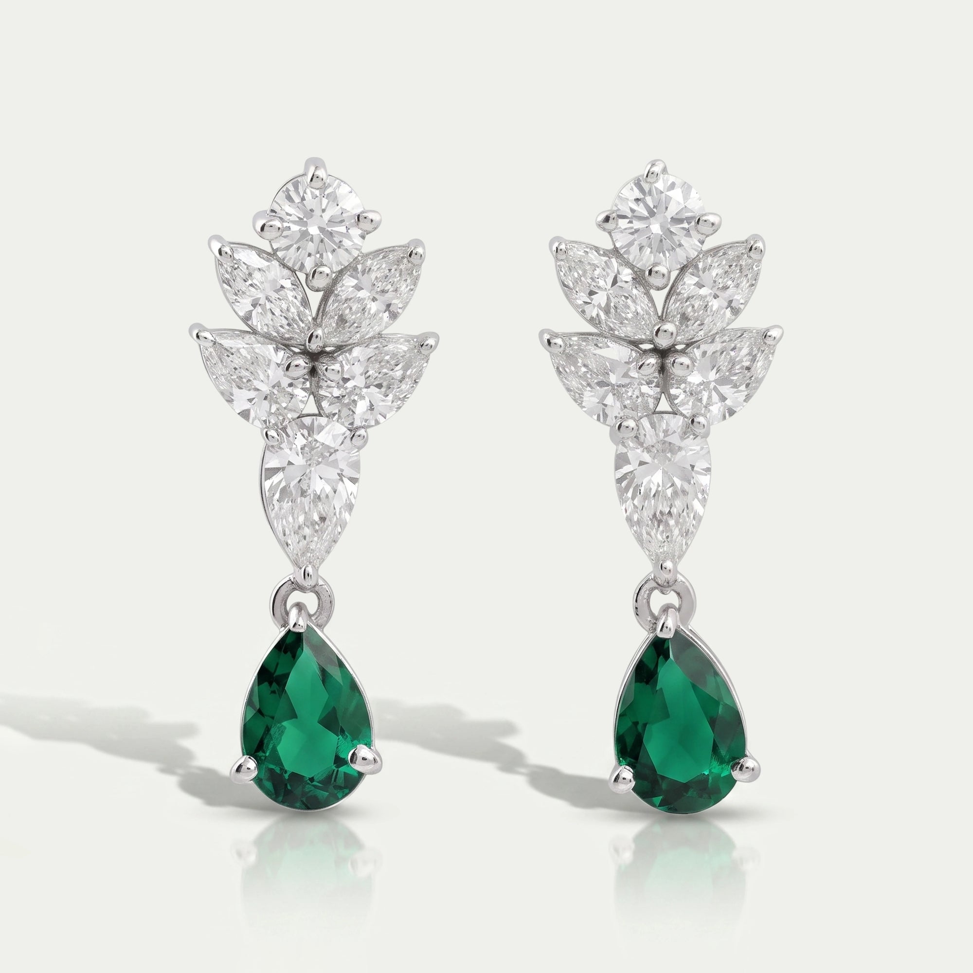 Emerald With Diamond Cluster Pear Drop Earrings
