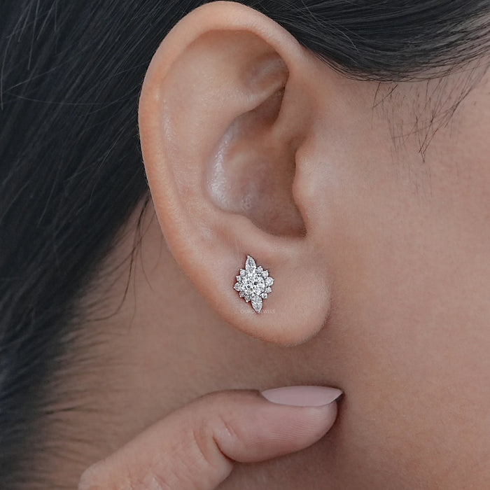 Round And Marquise Diamond Cluster Stud Earrings