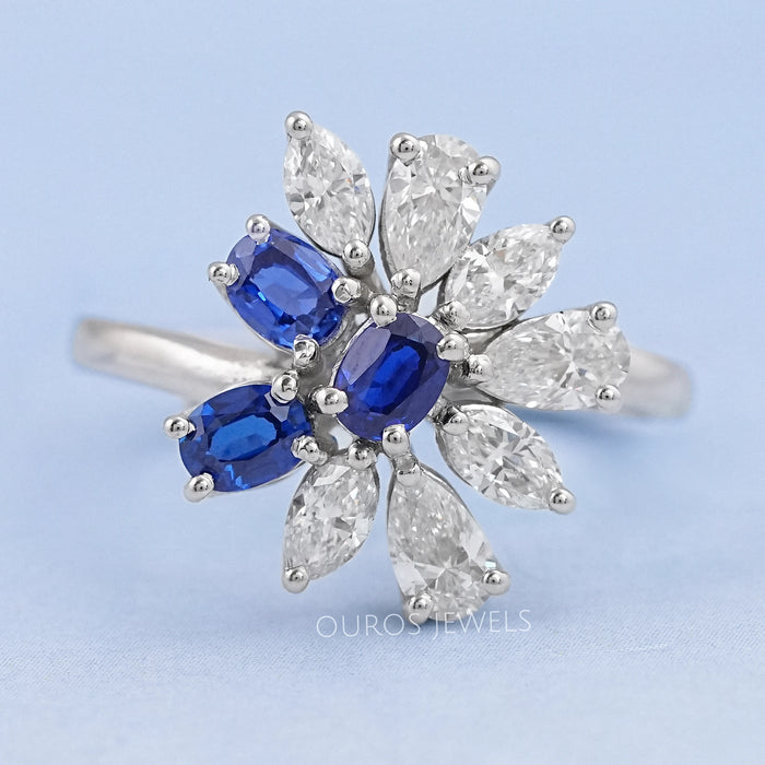 Blue Sapphire Oval Cut Gemstone Cluster Ring 