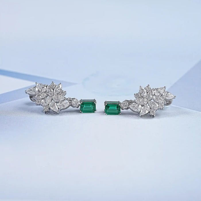 Diamond Cluster Drop Emerald Earrings