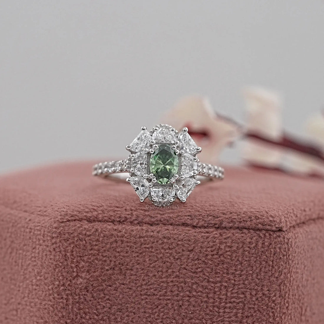 Green Oval Cut Half Moon Halo Engagement Ring Rings
