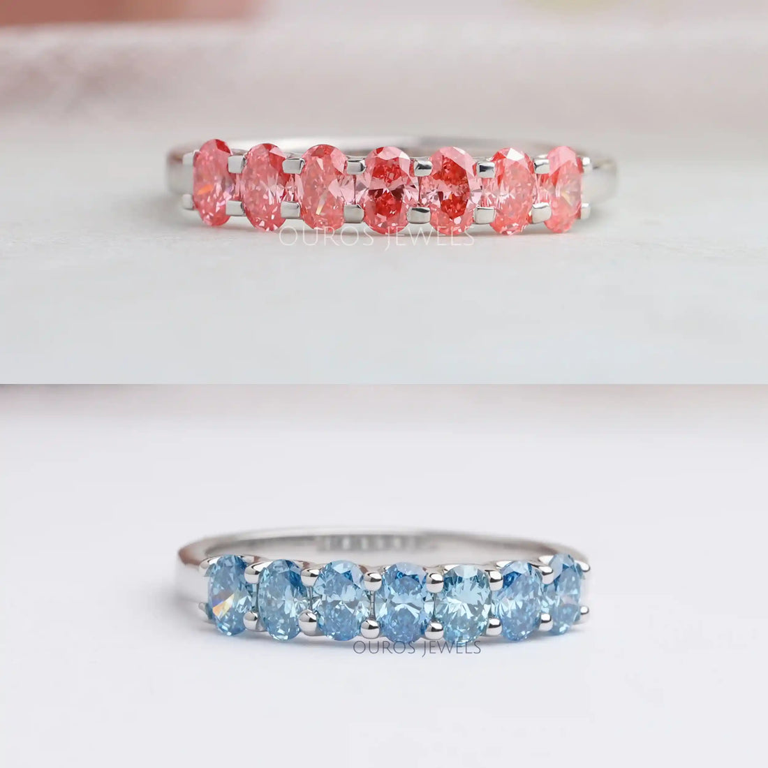 Pink and Blue Oval Seven Diamond Wedding Bands Ring