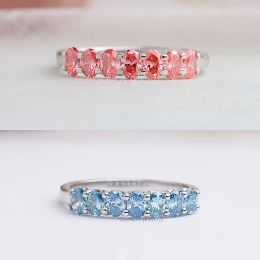Pink and Blue Oval Seven Diamond Wedding Bands Ring
