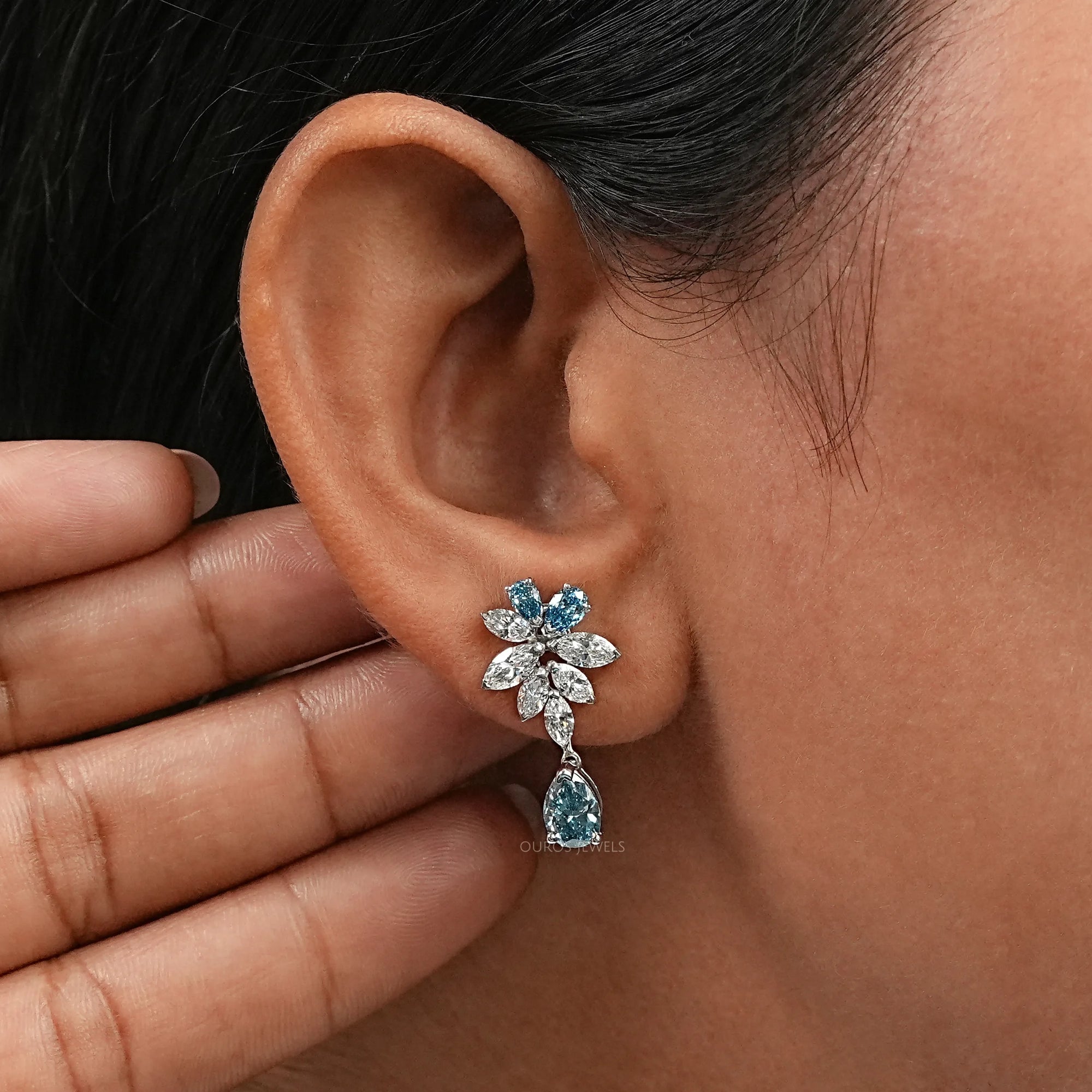 Blue Pear Diamond Cluster Drop Earrings Earrings