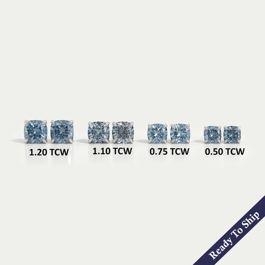 Blue Cushion Lab Grown Diamond Stud Earrings