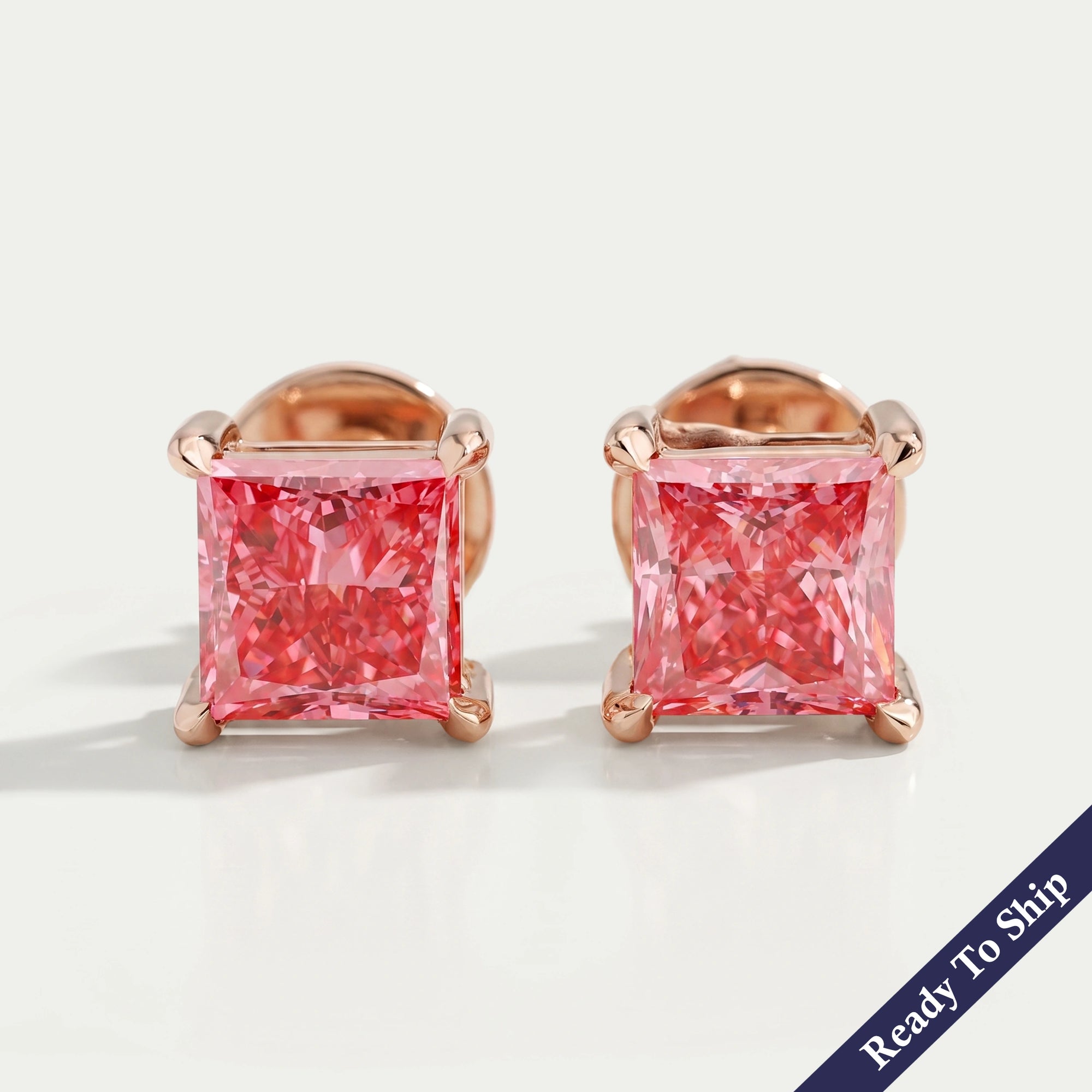 Pink Princess Cut Solitaire Stud Earrings