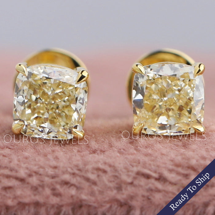 Yellow Cushions Cut Lab Diamond Solitaire Earrings