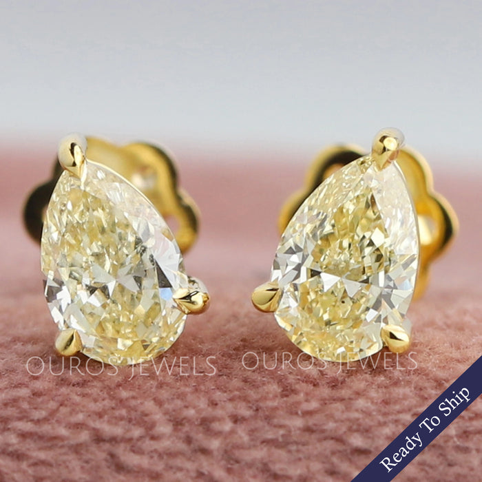 Yellow Pear Diamond Solitaire Stud  Earrings