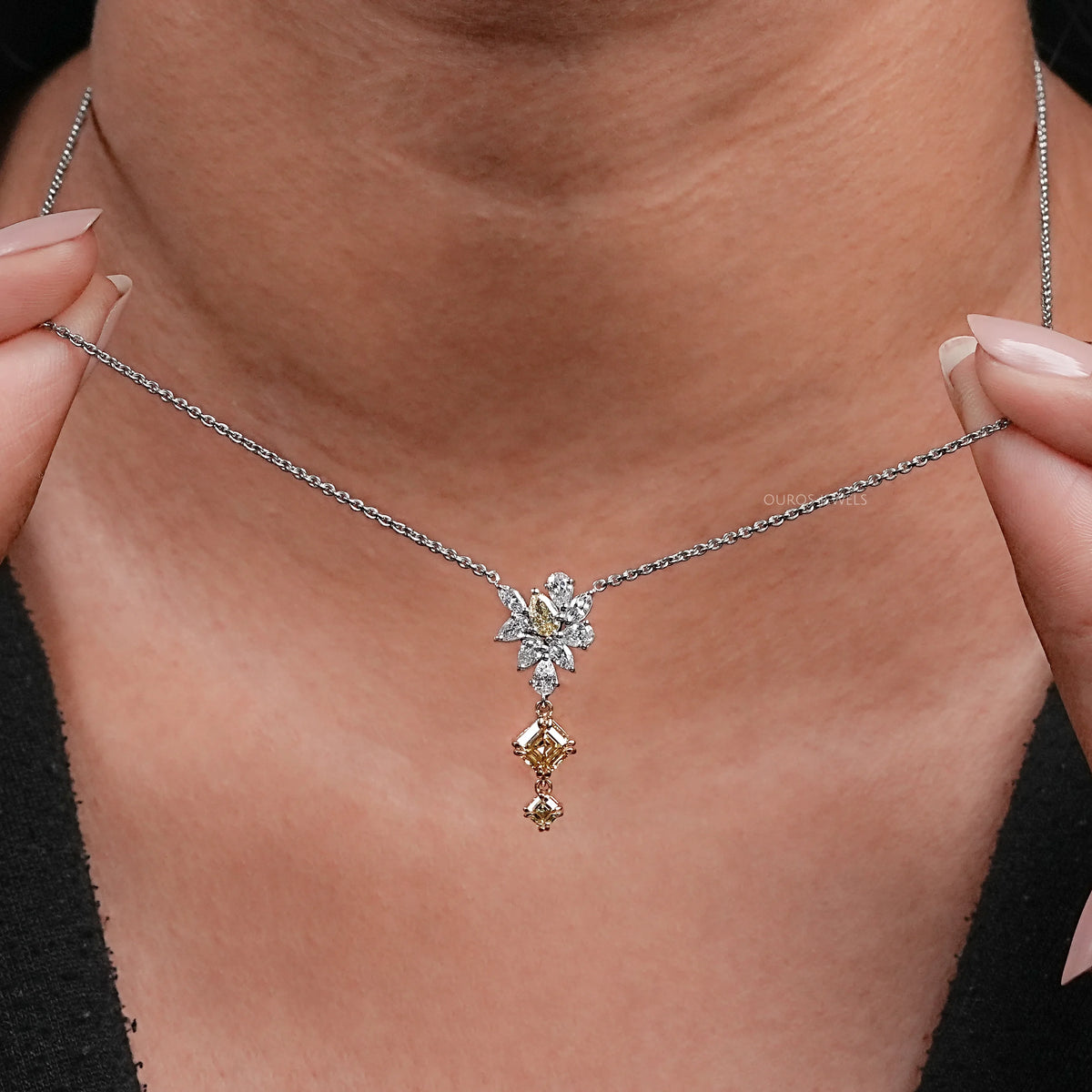 Cluster Diamond Yellow Asscher Cut Pendant Necklaces