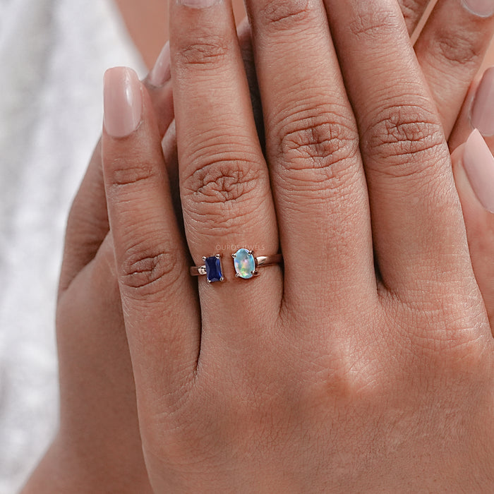 Lab Grown Opal And Emerald Emerald Open Cuff Ring