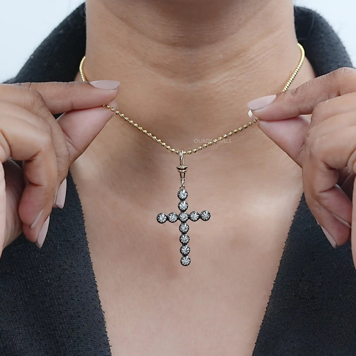 Old European Round Cut Lab Diamond Cross Pendant