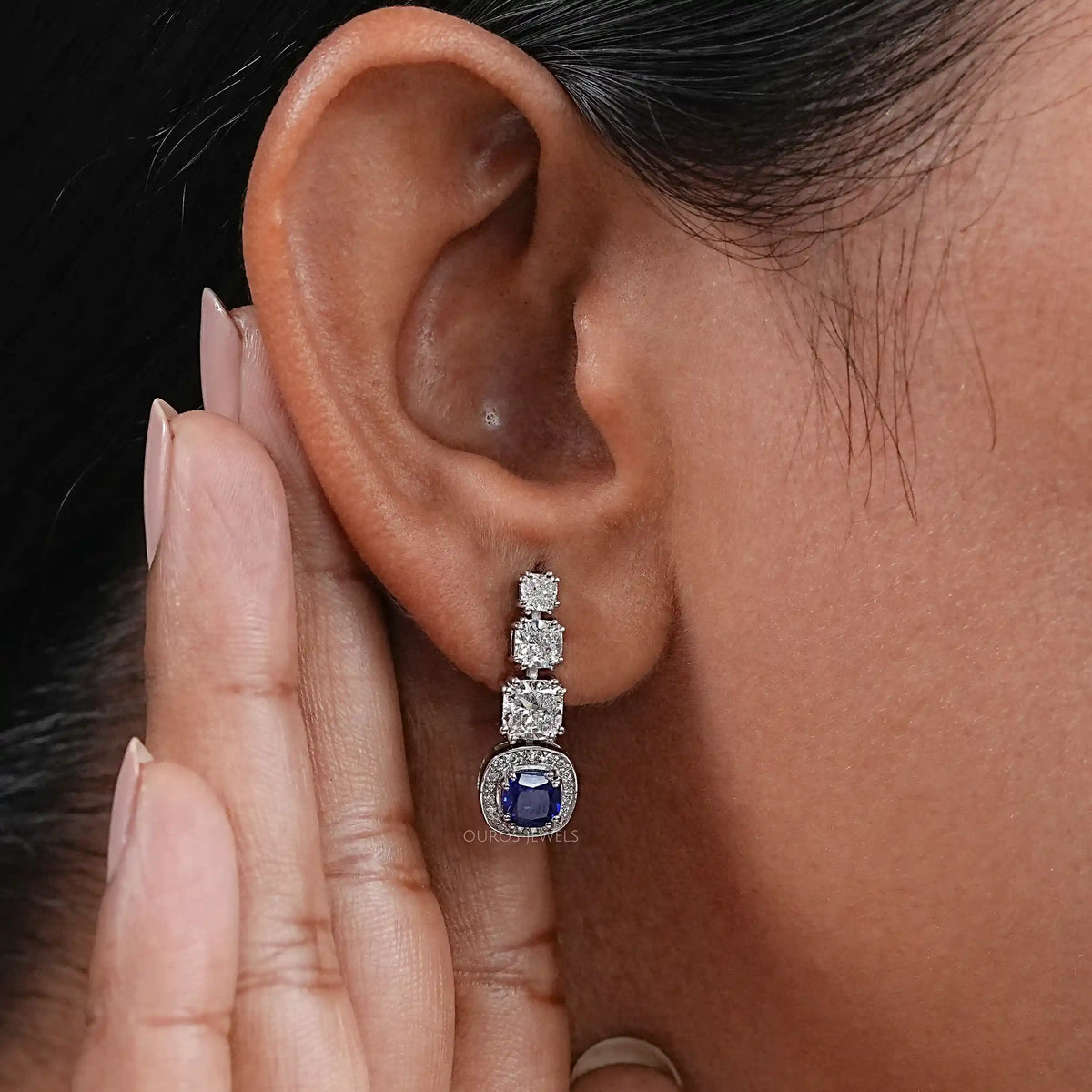 Cushion Cut Gemstone And Diamond Drop Dangle Earrings Earrings