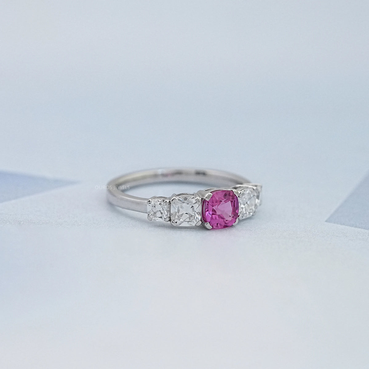 Five Stone Pink Square Cushion Cut Engagement Ring