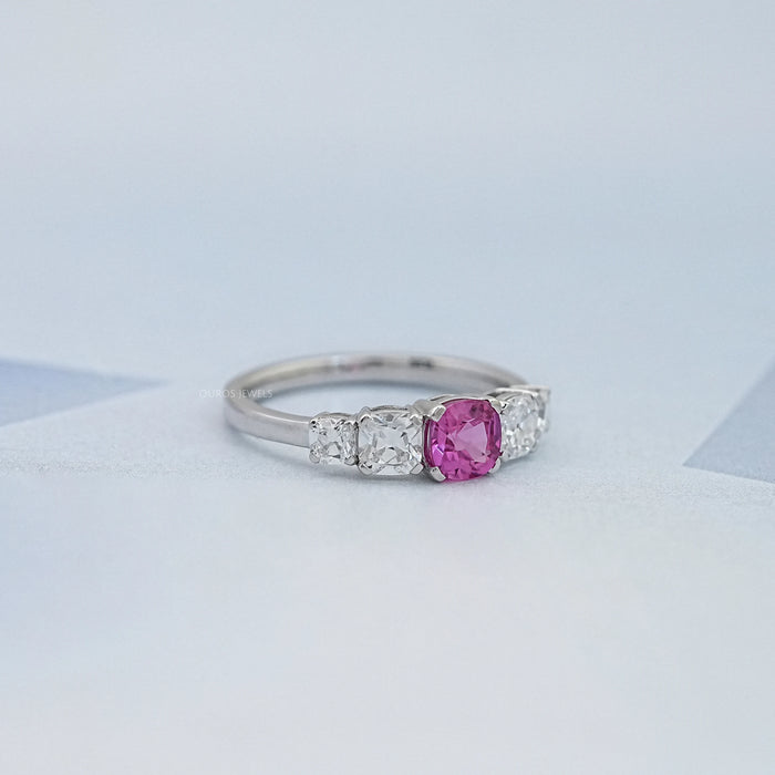 Five Stone Pink Square Cushion Cut Engagement Ring