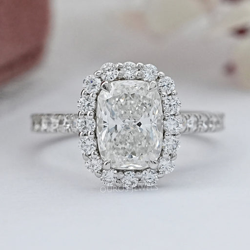 front view of cushion cut lab diamond halo engagement ring