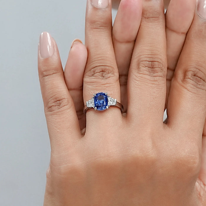 Sapphire Cushion Gemstone With Trapezoid Diamond  Ring