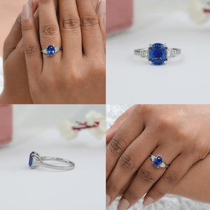 Sapphire Cushion Gemstone With Trapezoid Diamond  Ring