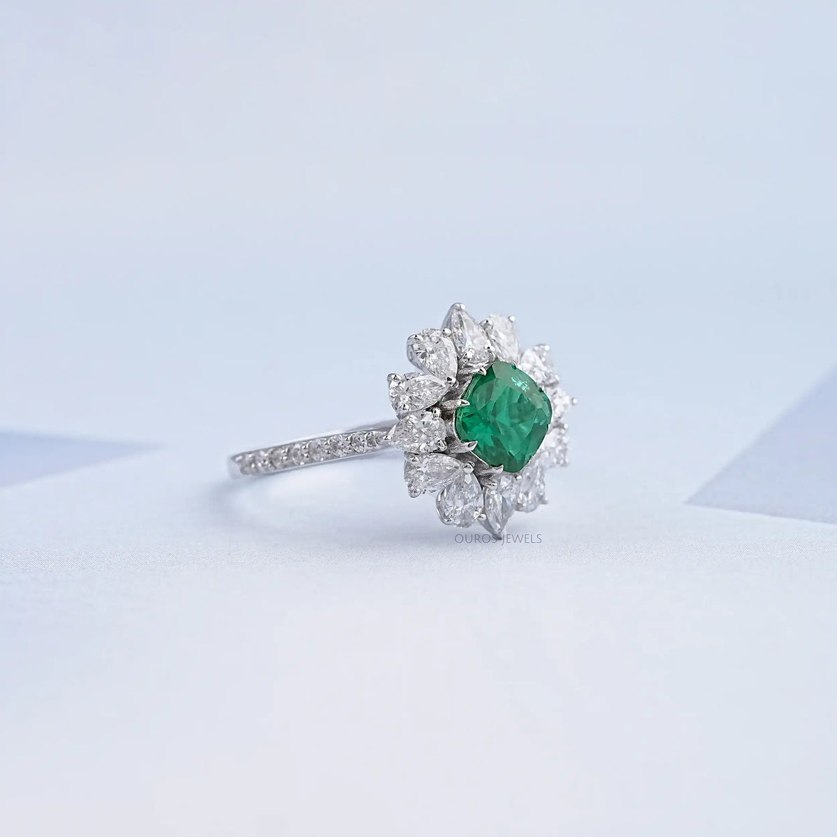 Green Cushion And Lab Diamond Halo Ring