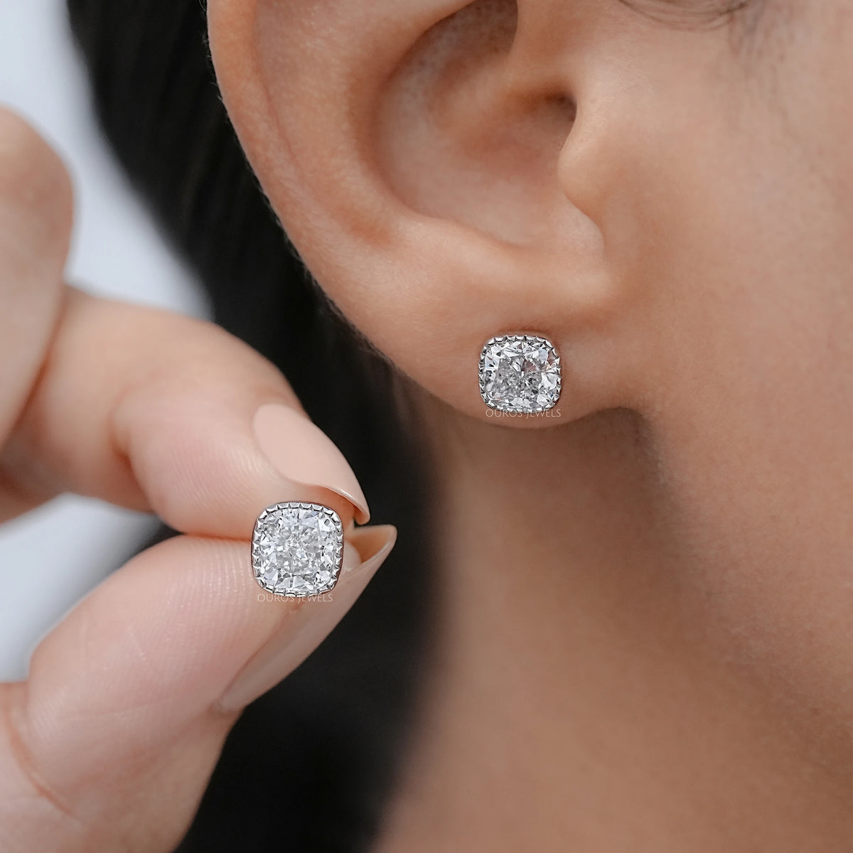 Milgrain Cushion Lab Grown Diamond Stud Earrings Earrings