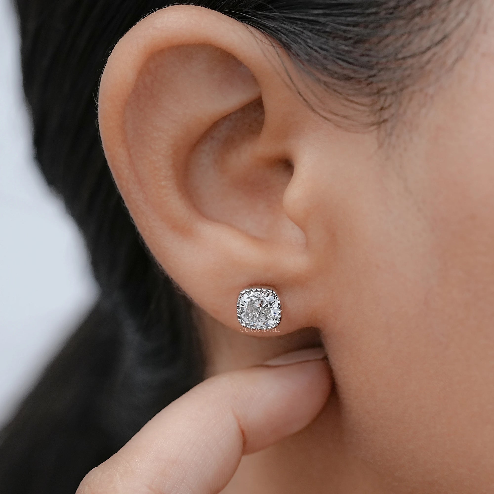 Milgrain Cushion Lab Grown Diamond Stud Earrings Earrings