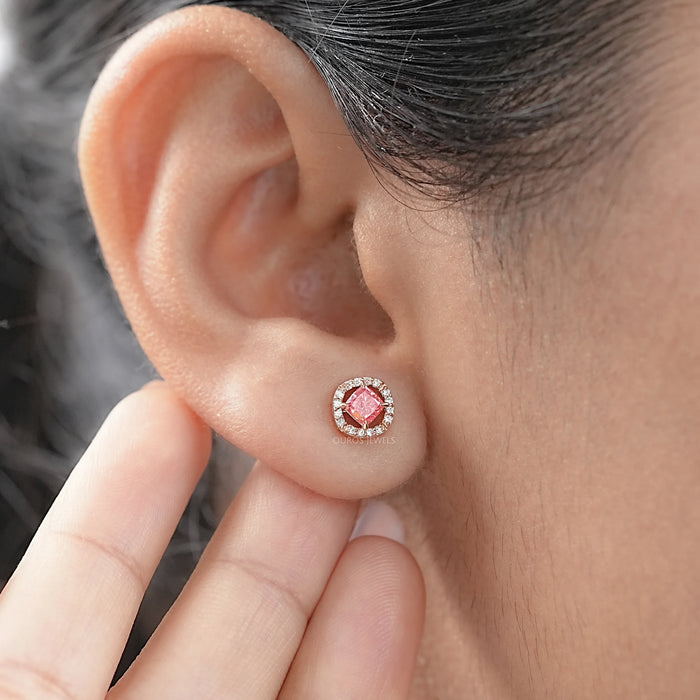 Pink Cushion Lab Created Diamond Halo Earrings