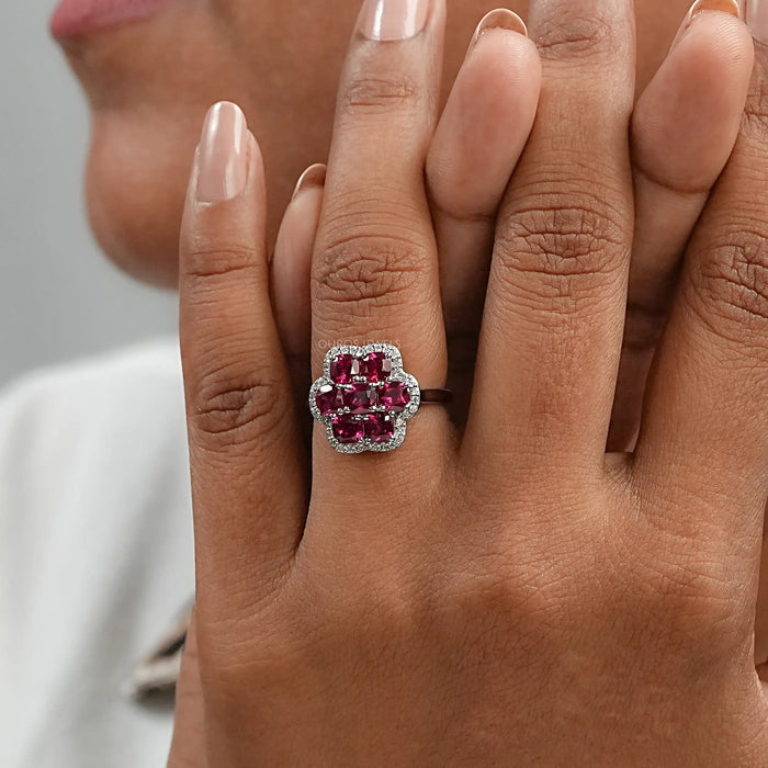 Red Ruby Cushion & Diamond Flower Halo Ring