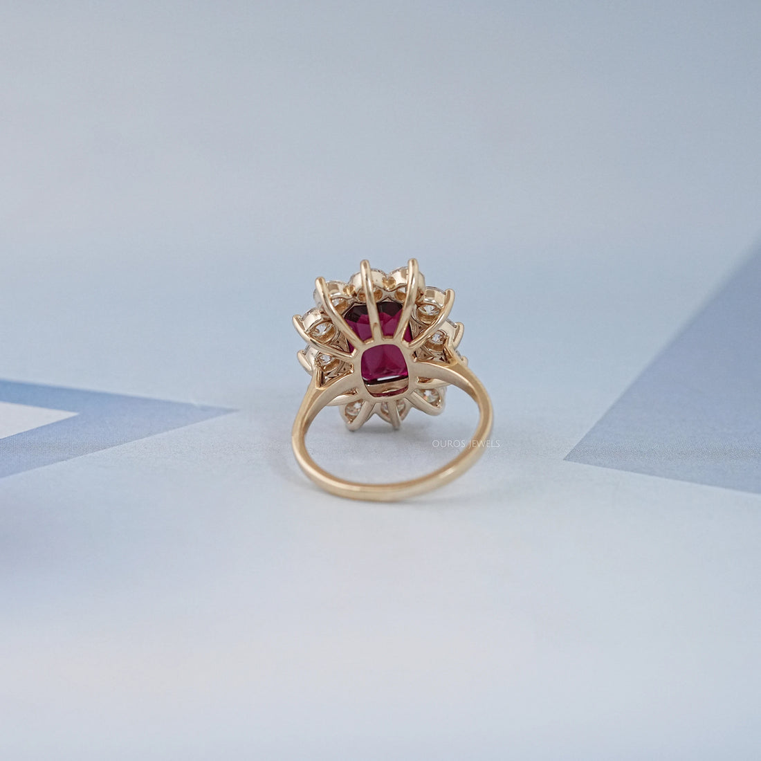 Ruby Elongated Cushion Gemstone Halo Diamond Ring