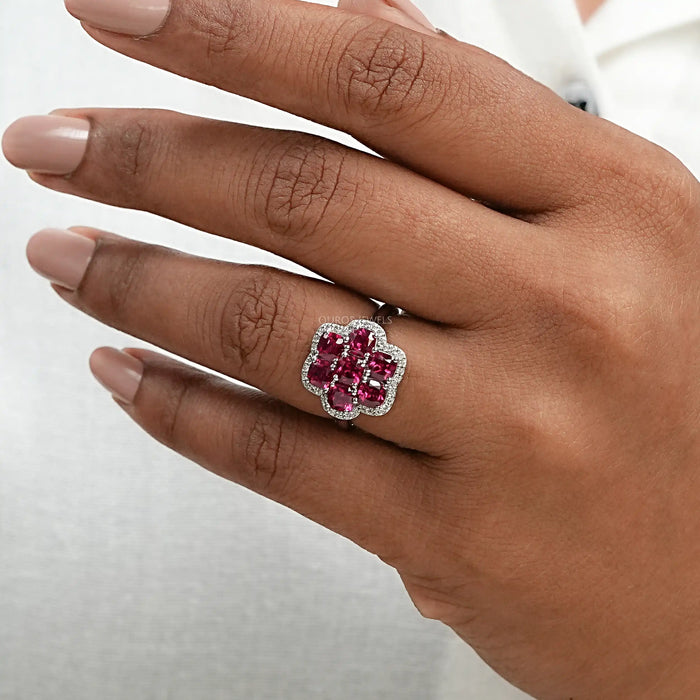 Red Ruby Cushion & Diamond Flower Halo Ring