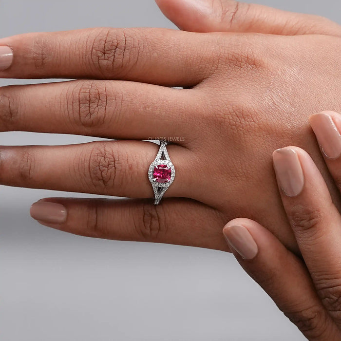 Cushion Cut Red Ruby Split Shank Halo Engagement Ring