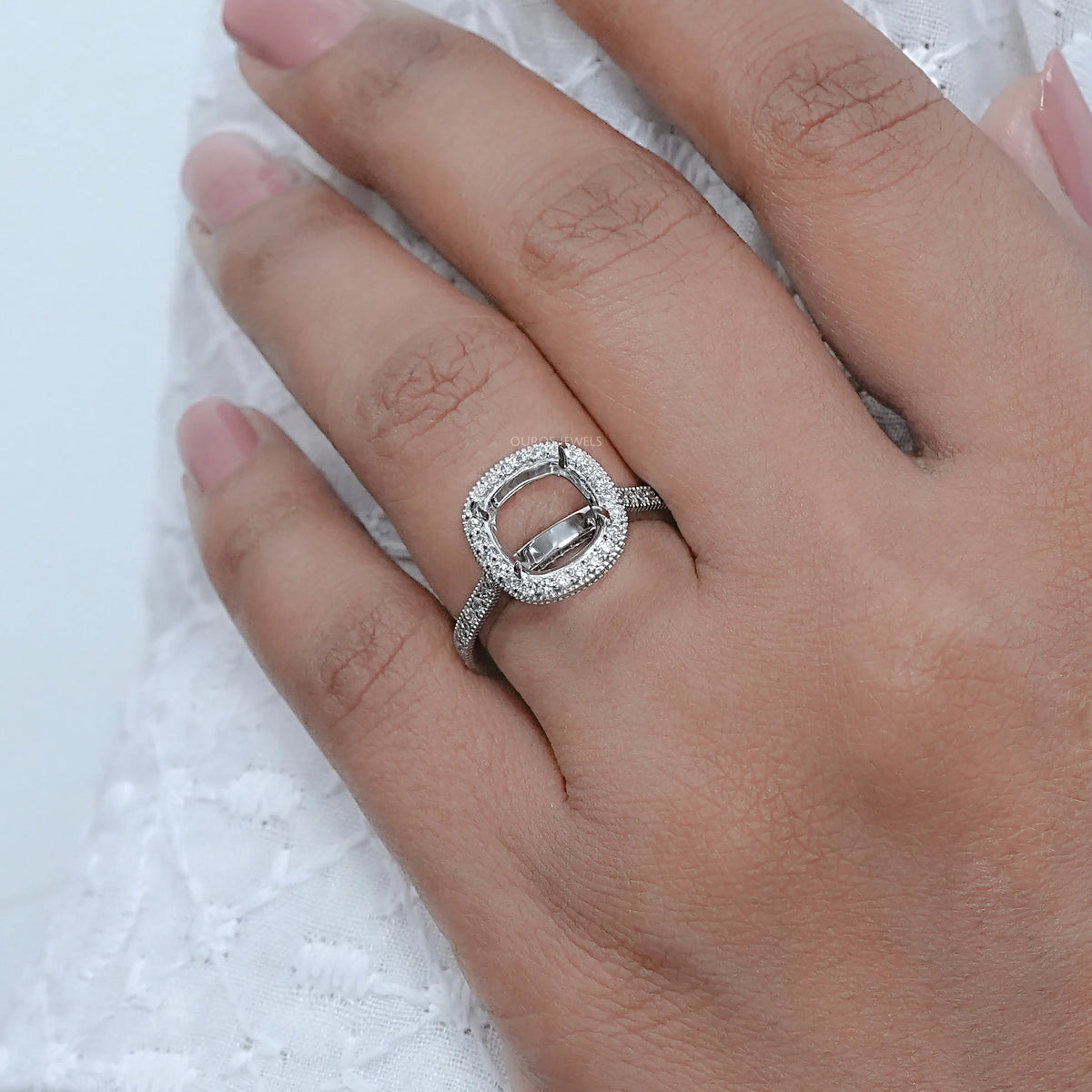 Cushion Shape Halo With Accent Semi mount Ring