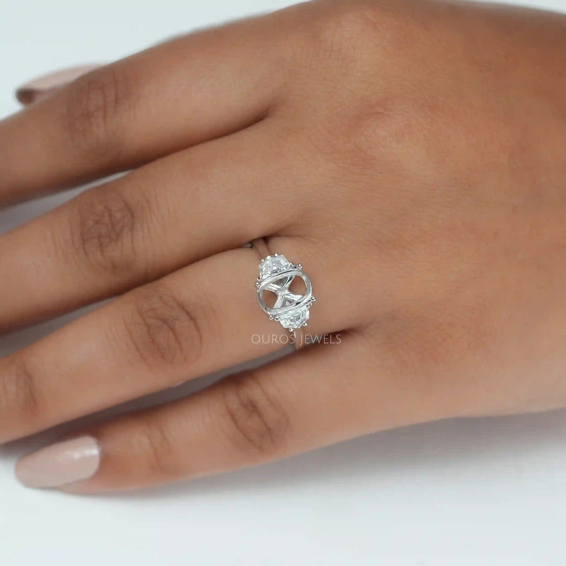 Oval Shape Pointed Half Moon Cut Lab Diamond Semi Mount Ring