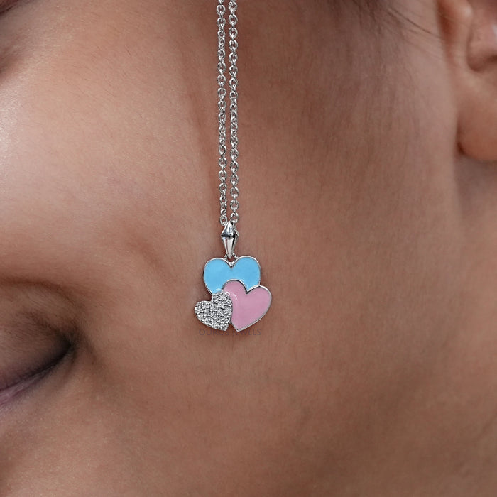 Colorful Triple Heart Tiny Round Diamond Pendant For Kids