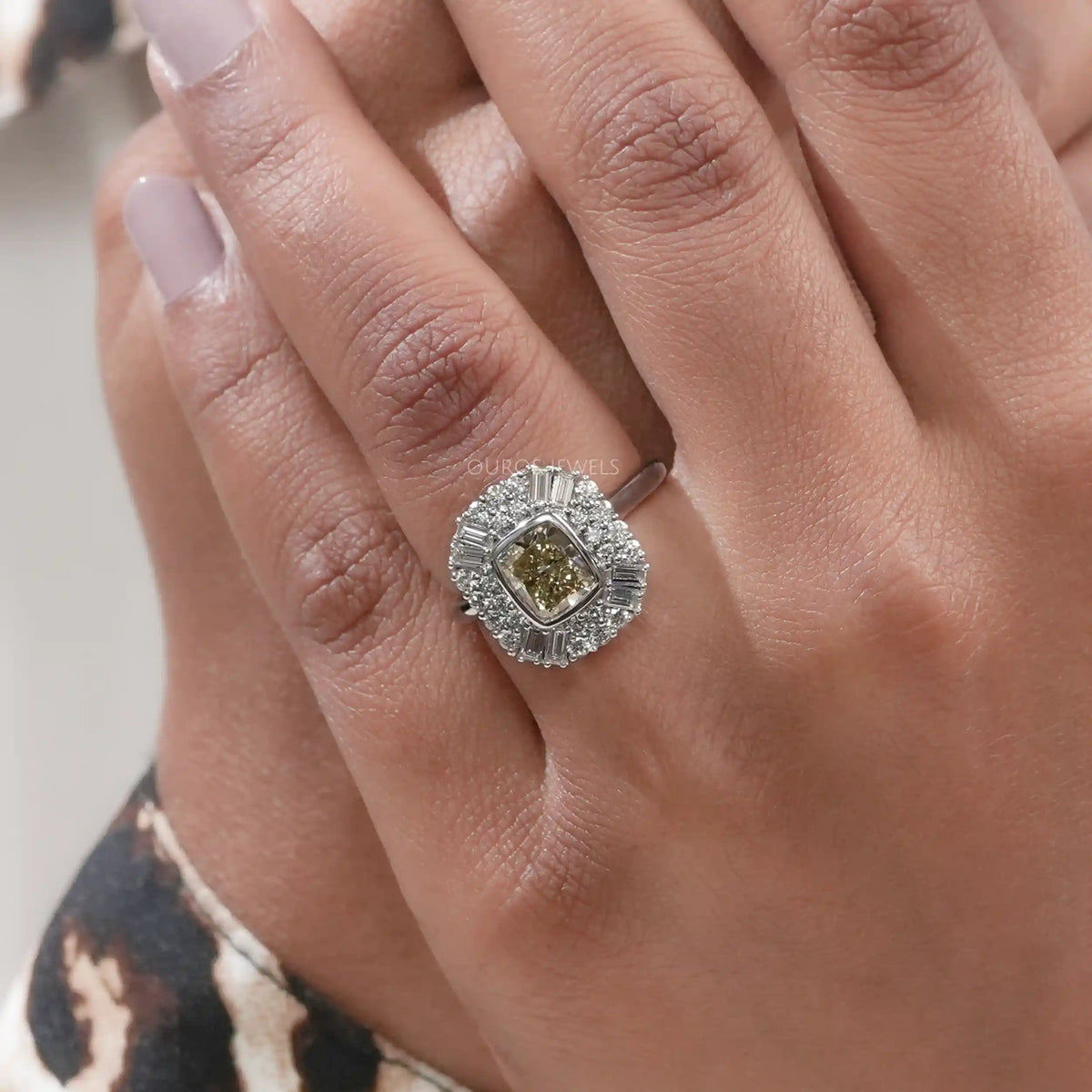 Yellow Cushion Cut Lab Diamond Bezel Set Cluster Ring Ring