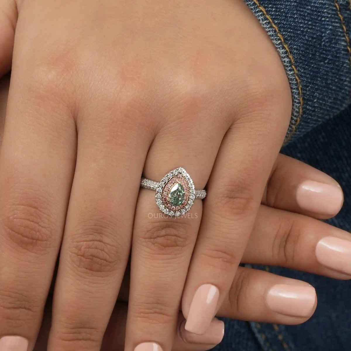 Fancy Vivid Green Pear Cut Lab Diamond Halo Ring Ring