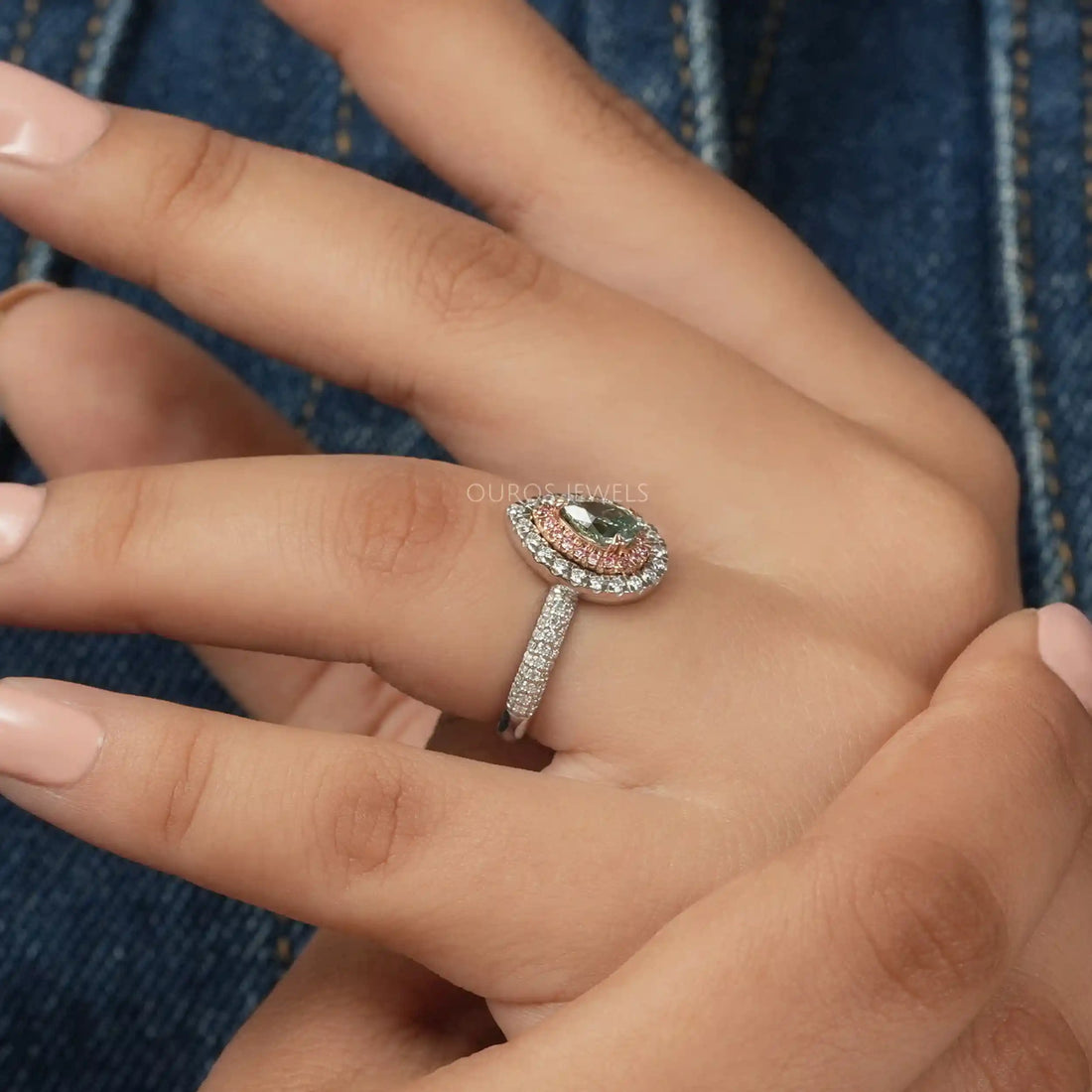 Fancy Vivid Green Pear Cut Lab Diamond Halo Ring Ring