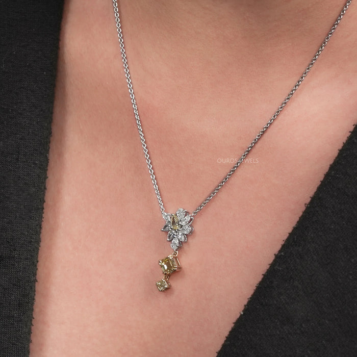 Yellow Asscher And Pear Diamond Cluster Pendant