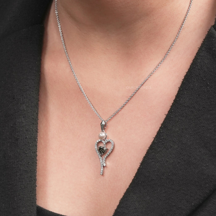 Olive Heart Diamond And Pearl Pendant