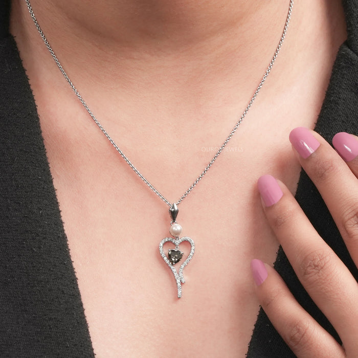 Olive Heart Diamond And Pearl Pendant