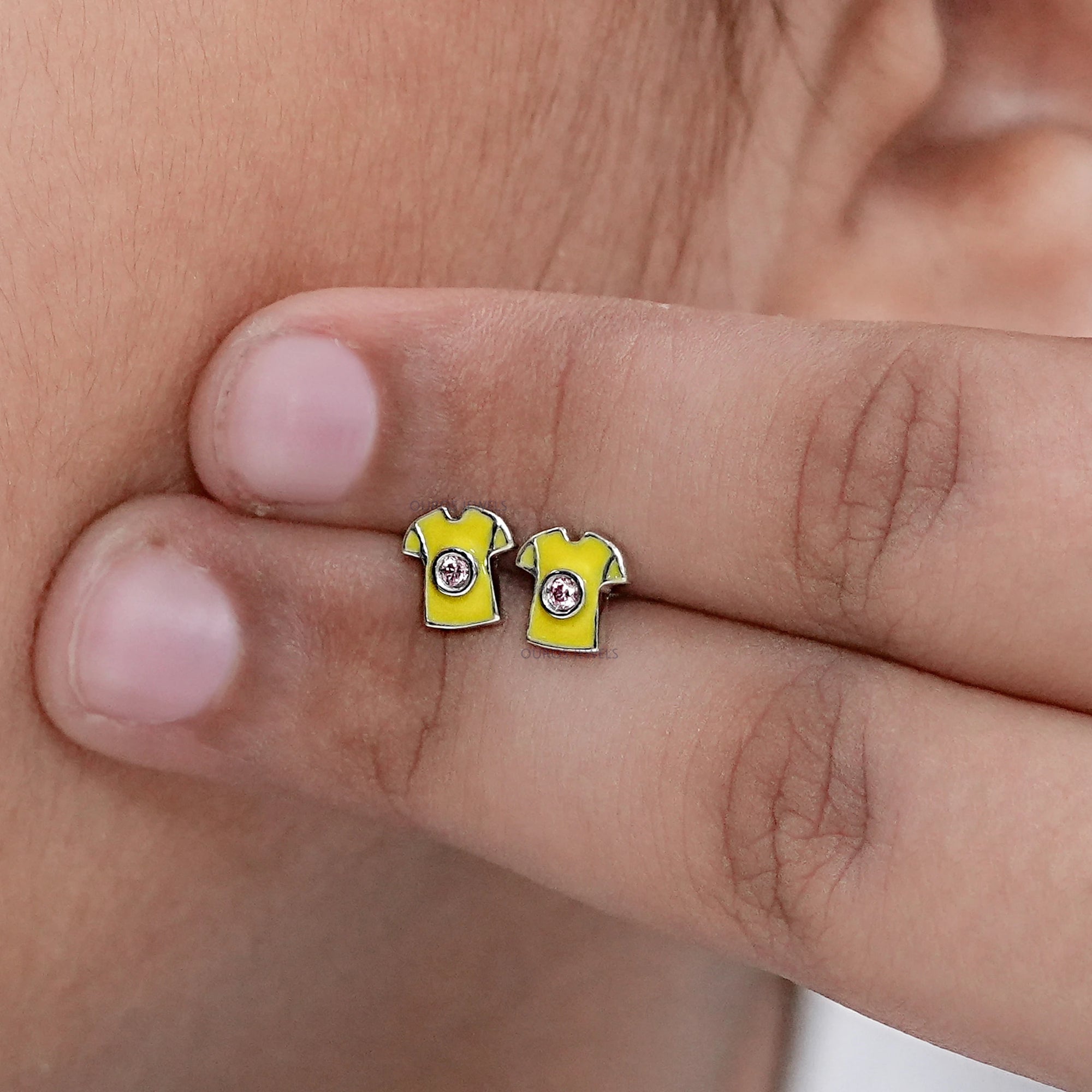 Pink Lab Diamond Yellow Enamel T shirt Stud For Kids